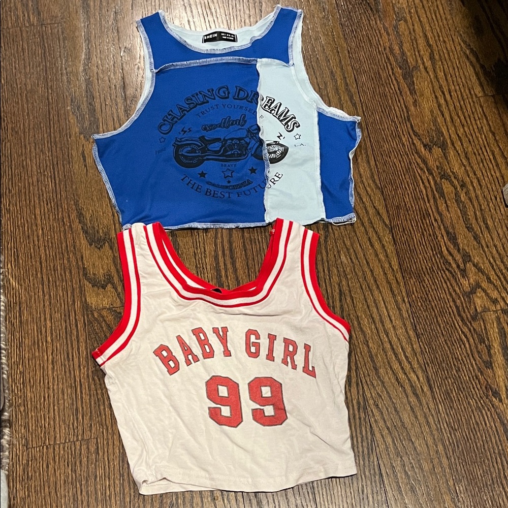 SHEIN 2 pack Blue motorcycle & red & white baby girl- small crop Tank Tops Set